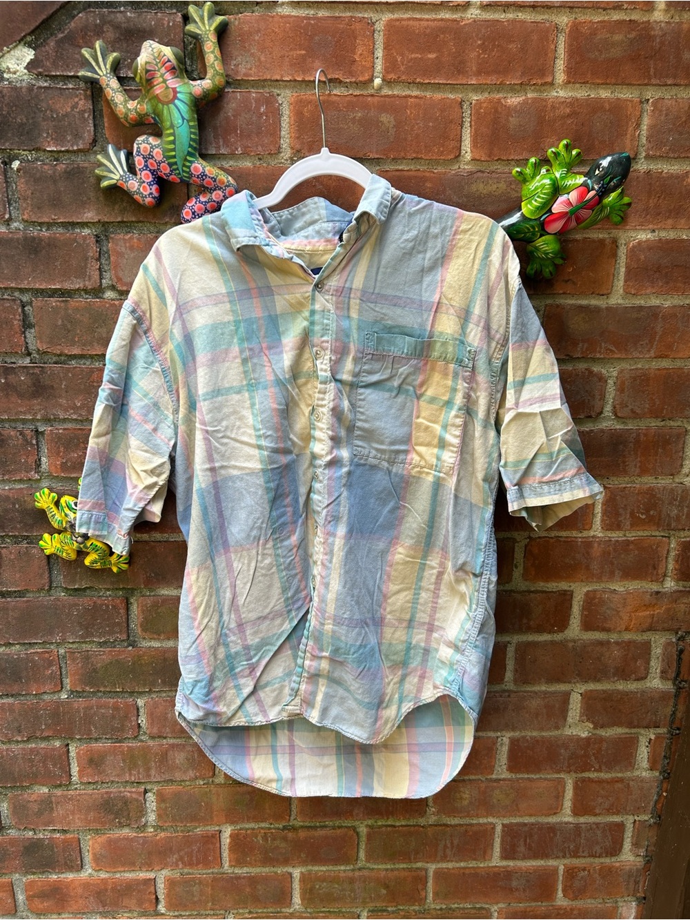 Vintage gap women’s Pastel Plaid Short-Sleeve Shirt - Pastel Multi